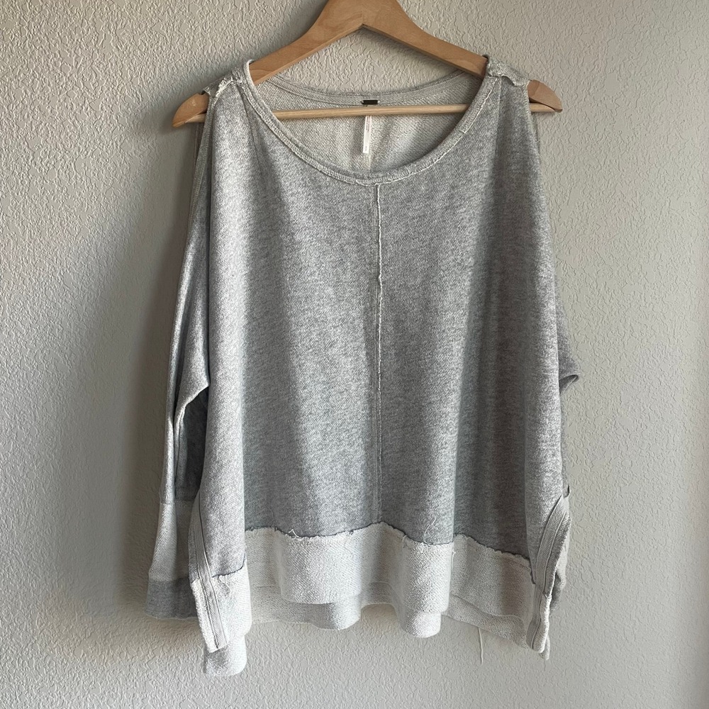 Free People Oversized Sweatshirt Women Small Boho Open Shoulder Raw Hem Gray